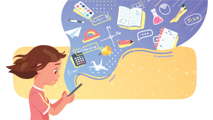 Girl kid student using mobile phone for education. Child person study online with school supplies, book flying out of cell smartphone screen. Learning app technology concept flat vector illustration