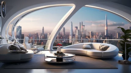 Fototapeten a futuristic city apartment living room with panoramic views and high-tech gadgets. © Mr.jazzy