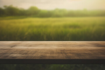 a dark wooden table top with a blurred wheat field background - obrazy, fototapety, plakaty