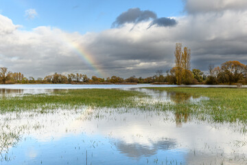 Rainbow over a flooded meadow. Autumn landscape.