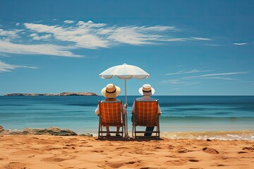 elderly couple sitting on sun lounger chair right on the beach by the sea