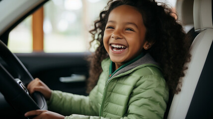 Excited Girl Celebrates in Car's Driver Seat, Generative AI