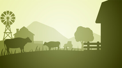 Farmland silhouette landscape vector illustration. Scenery of livestock and windmill in the countryside farm. Rural panorama for illustration, background or wallpaper - obrazy, fototapety, plakaty