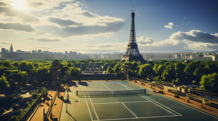 Tennis court nearby with a view of the tower in Paris. Olympic Games 2024 Paris