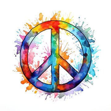 Watercolor pacifist peace symbol with colorful splashes on white background.