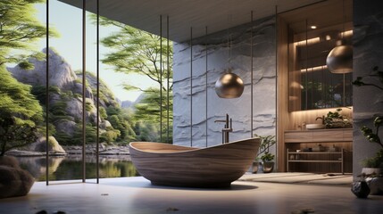 a spa bathroom with a freestanding bathtub and calming water features.