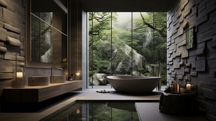 a spa bathroom with a freestanding bathtub and calming water features.