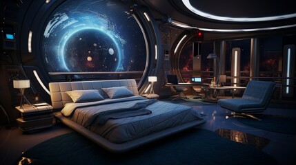 a space-themed bedroom with cosmic wallpaper and futuristic furnishings.