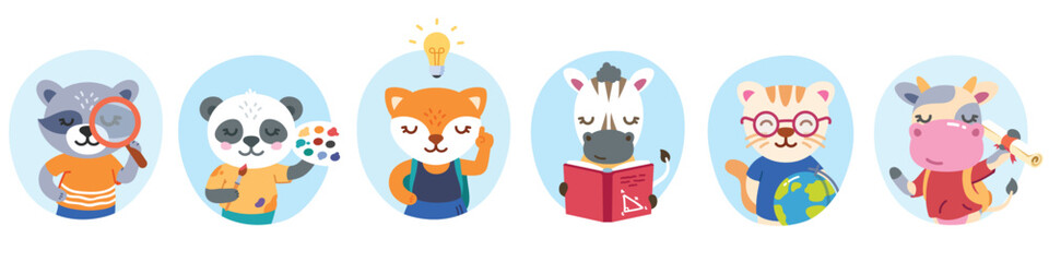 Animals school children cartoon characters set. Funny fox, panda, cow, cat schoolboys, schoolgirls kids elementary students with books, backpacks. Education, childhood concept flat vector illustration