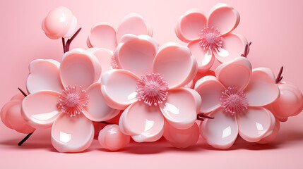 Fototapeta na wymiar beautiful Inflatable 3D art flowers on a pastel pink background