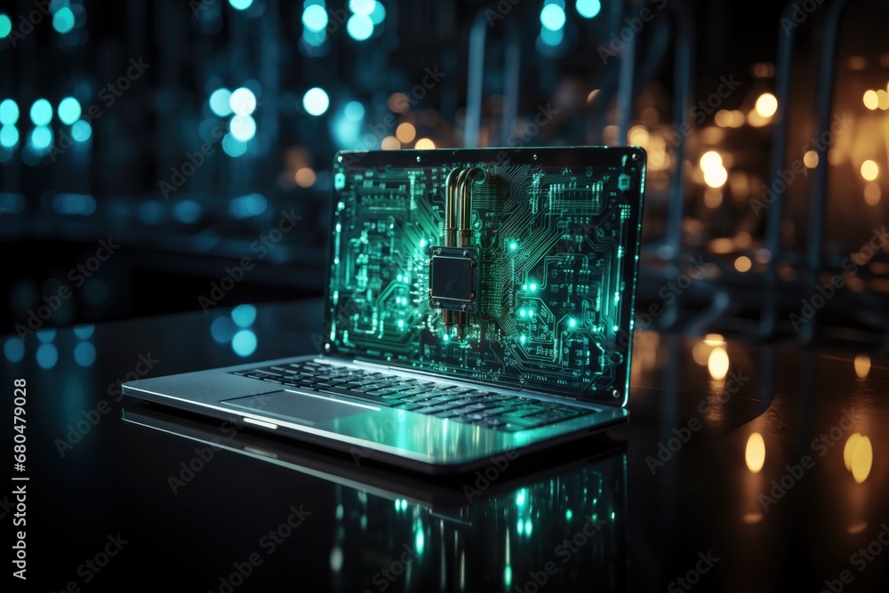 Poster laptop with symbol of computer security on dark background
