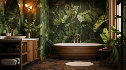 a tropical-themed bathroom with palm leaf wallpaper and natural materials.