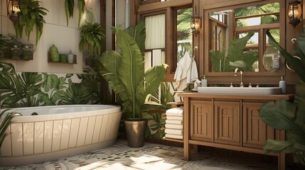a tropical-themed bathroom with palm leaf wallpaper and natural materials.