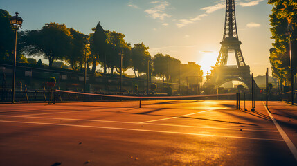 Tennis court nearby with a view of the tower in Paris. Olympic Games 2024 in Paris - obrazy, fototapety, plakaty