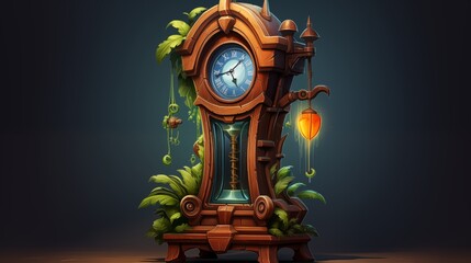 An ornate, handcrafted wooden grandfather clock. Digital concept, illustration painting.