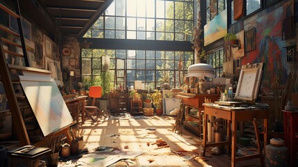 an artist's studio with natural light, high ceilings, and creative chaos.