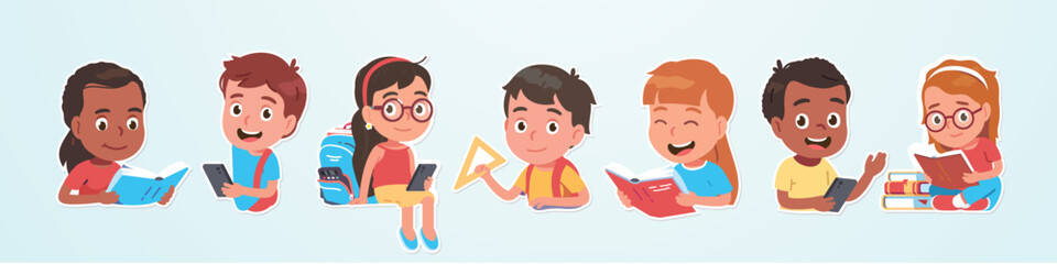 School students children with books, backpacks, mobile phones. Multiethnic kids boys, girls hold smartphones. Schoolgirls, schoolboys portraits, education, study flat vector illustration stickers set