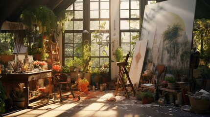 an artist's studio with natural light, high ceilings, and creative chaos.