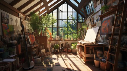 Naklejka premium an artist's studio with natural light, high ceilings, and creative chaos.