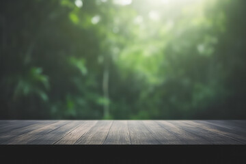 The empty dark wooden table top with blur background of dark green rain forest and dark cold light flare, elegant. photography - Powered by Adobe