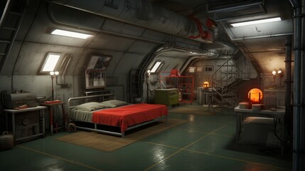 an underground bunker-style room with industrial features and modern amenities.