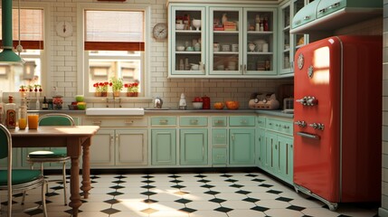 Produce a 3D rendering of a vintage-inspired kitchen with checkered floors and retro appliances.