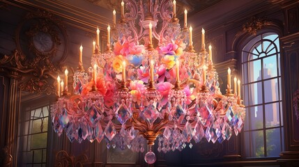 An elegant, ornate crystal chandelier with sparkling prisms. Digital concept, illustration painting.