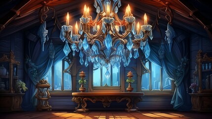 An elegant, ornate crystal chandelier hanging from the ceiling. Digital concept, illustration painting.