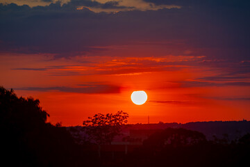 Orange sunrise on the horizon with emphasis on the sun's rays and birds in the distance. Idyllic Setting