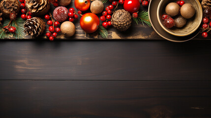 Naklejka premium Old brown wooden table with christmas decoration from above, Generative AI