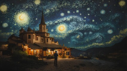 A dreamlike scene blending the swirling cosmic colors of Vincent van Gogh's Starry Night with the surreal celestial precision of Salvador Dal