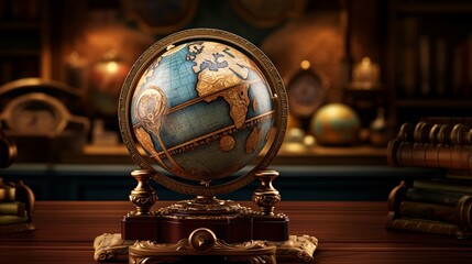 An antique, ornate globe with detailed hand-painted maps. Digital concept, illustration painting.