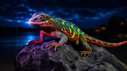 Fototapeta premium Fluorescent lizard on a stone on the beach at night