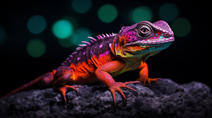 Obraz premium Fluorescent lizard on a stone on the beach at night