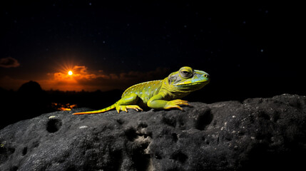 Fluorescent lizard on a stone on the beach at night