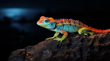 Obraz premium Fluorescent lizard on a stone on the beach at night
