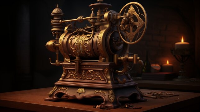 An antique, hand-cranked coffee grinder with ornate detailing. Digital concept, illustration painting.