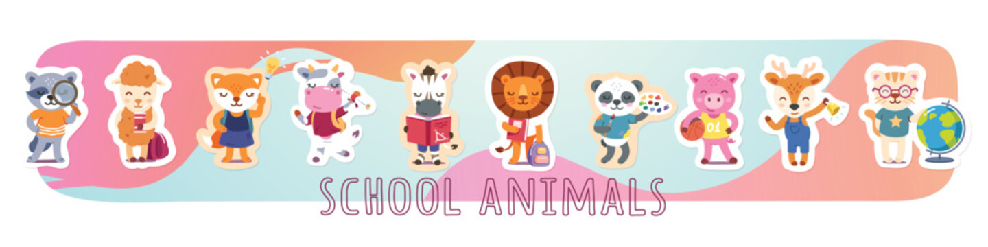 School animals cartoon characters stickers set. Funny fox, panda, cow, cat schoolboys, schoolgirls kids elementary students with books, backpacks. Education, childhood concept flat vector illustration