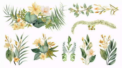 Watercolor floral tropical set. Frame, bouquets, border. Flower and green gold leaf branches bouquets collection, for wedding stationary, greetings, wallpapers, fashion, background
