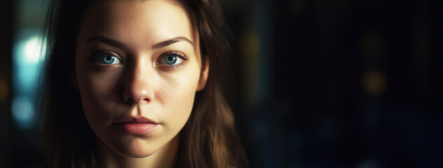 Natural beauty 25 year old woman with blue eyes close-up portrait. With copy space.
