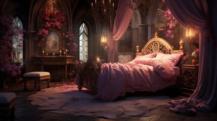 Fototapeta na wymiar The warm and comfortable bedroom of a noblewoman in a castle in medieval Europe.