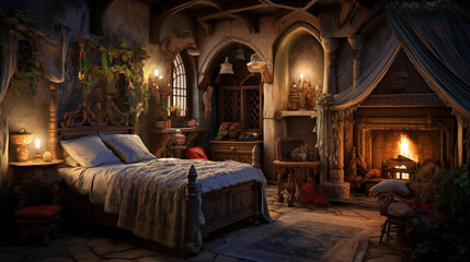 The warm and comfortable bedroom of a noblewoman in a castle in medieval Europe. - obrazy, fototapety, plakaty