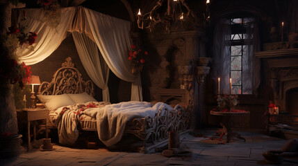 The warm and comfortable bedroom of a noblewoman in a castle in medieval Europe. - obrazy, fototapety, plakaty