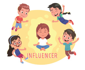 Influencer person with adoring fans children. Followers boys, girls kids showing gestures surrounding cheering famous celebrity kid floating in air. Fame influence concept flat vector illustration