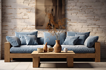 Farmhouse Comfort Rustic Coffee Table Near Blue Sofa Against Brick Wall in Modern Living Room. created with Generative AI