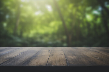 a dark wooden table top with a blurred green tropical forest background and warm light flare.