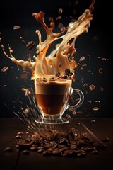 Cup of coffee with splash and beans levitation in the air against dark background. Generative AI