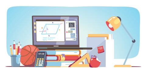 Online education app on laptop, books, school supplies. Distance study on computer screen. Textbooks stack, pencils, lamp on desk. Remote internet learning, knowledge concept flat vector illustration