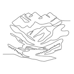 One continuous line drawing of mountain landscape. sign with Minimalist black linear mounts and high peak in simple linear style. Hiking and adventure sport design concept. Vector illustration