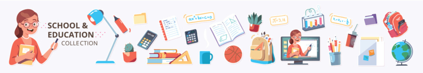 School supplies, education stickers collection. Teacher woman person, online lesson on computer, books, backpack, pens, pencils, calculator, lamp set. Knowledge, study concept flat vector illustration - obrazy, fototapety, plakaty